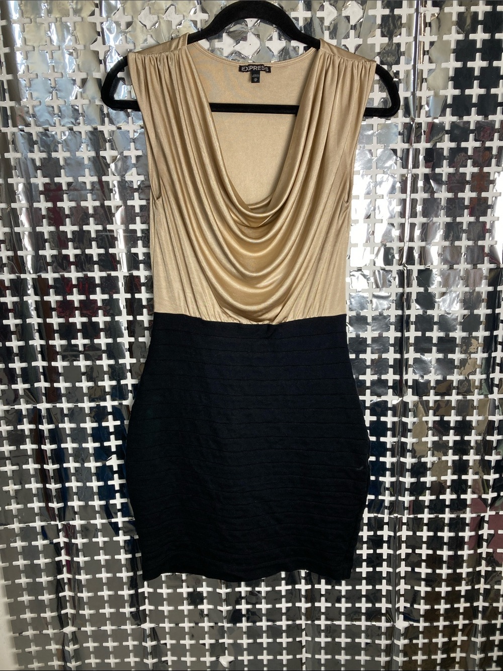 Express Gold Draped Cowl Neck Mini Dress with Black Skirt